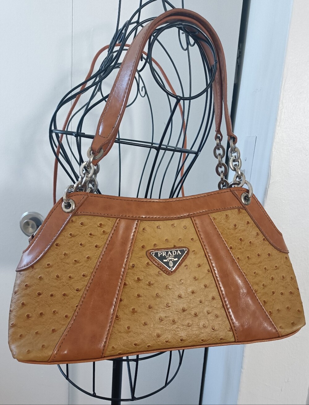 Prada Tan Ostrich-Texture Leather Shoulder Bag